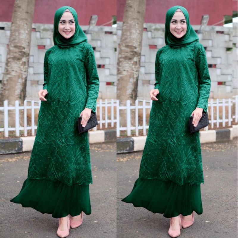 Sabina Baju Gamis Brukat Tile/ Gamis Brukat Maxi/Gamis Muslim Brukat/Gamis Perempuan Remaja Dewasa Fashion Gamis Pesta SIZE L, XL, XXL