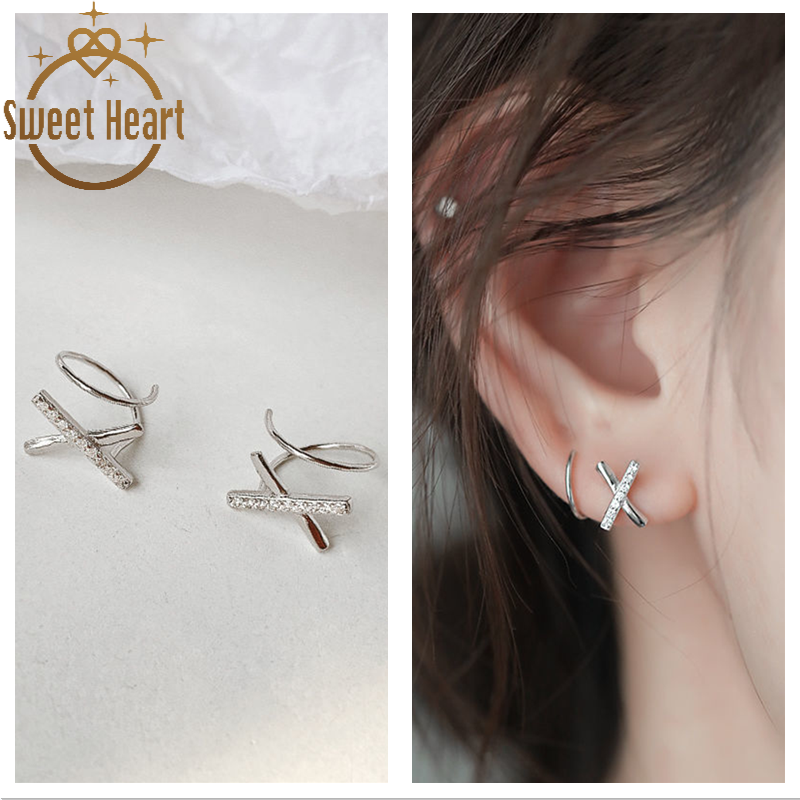 Anting Tusuk Gantung Desain Salib + Huruf X Hias Berlian Gaya Korea / Simple Untuk Wanita