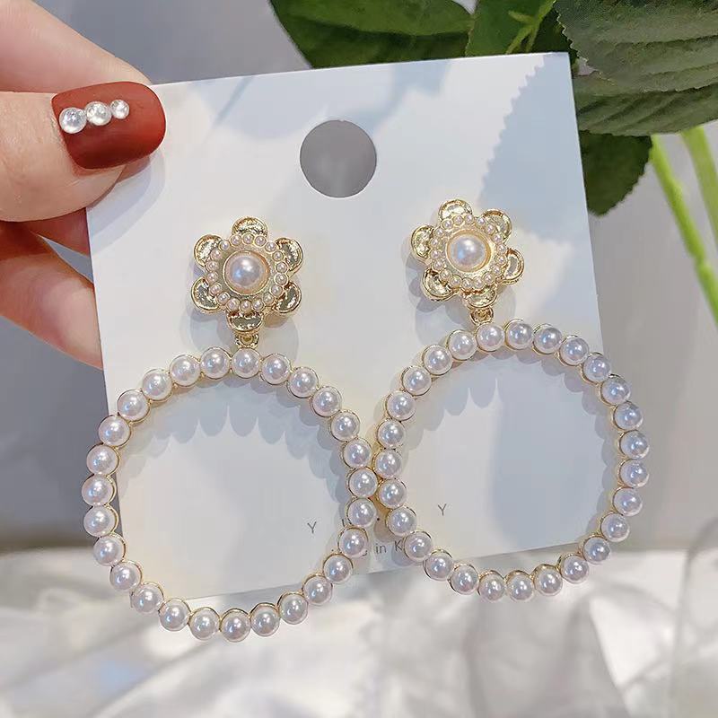 Korea sterling silver jarum Tinggi rasa mutiara anting-anting temperamen pribadi influencer lingkara