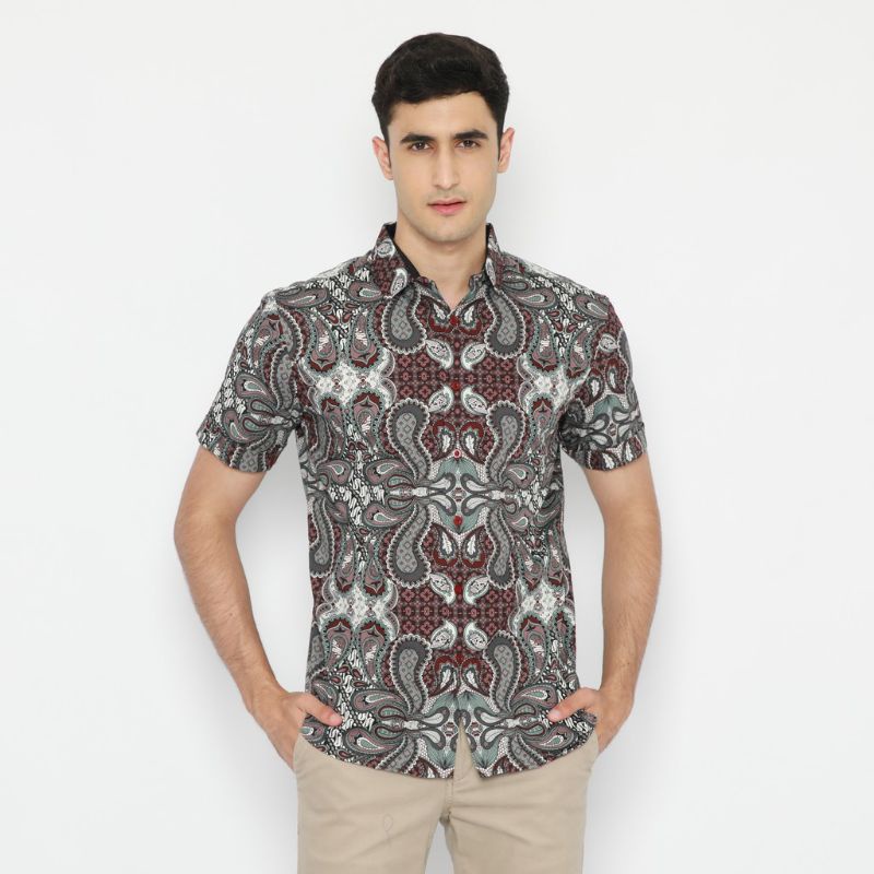 kemeja Platini batik pria lengan pendek katun maroon