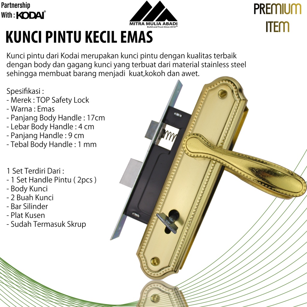 Kunci Pintu Kecil Emas Antik TOP Safety Lock | Komplit Full Set