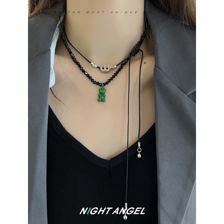 Kalung Rantai Klavikula Manik-Manik double layer Desain Beruang Huruf M