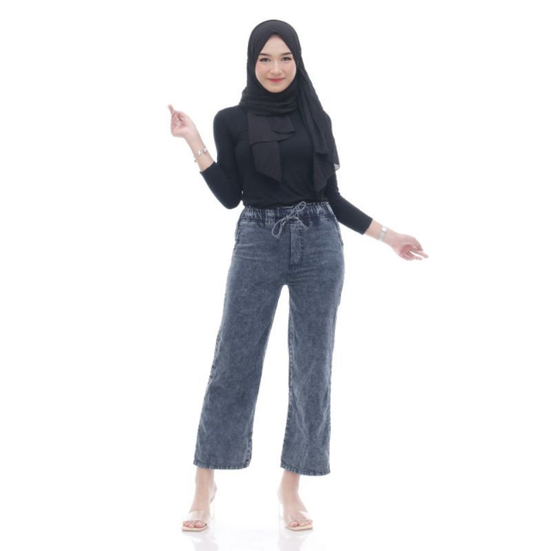 Kulot jeans masa kini - all size - pinggang karet - tali depan - bahan denim