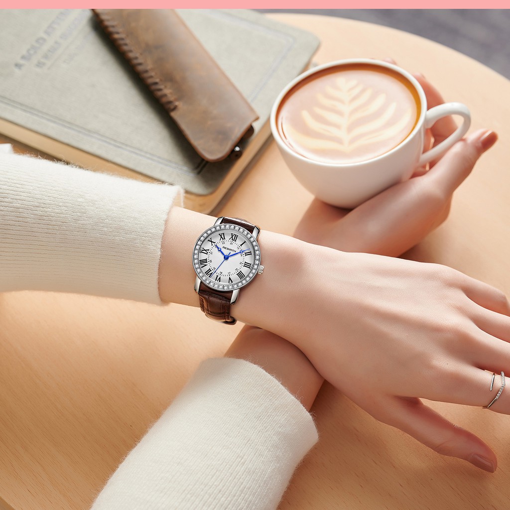 REBIRTH Jam Tangan Wanita Santai Olahraga Roman Dial Tali Kulit Tahan Air Kuarsa Jam Tangan Cewek-4