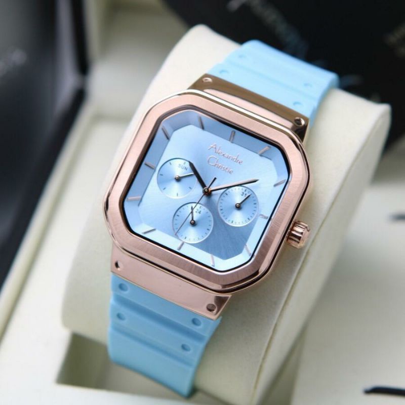 jam tangan alexandre christie wanita tali karet chrono multifunction kotak persegi 2811