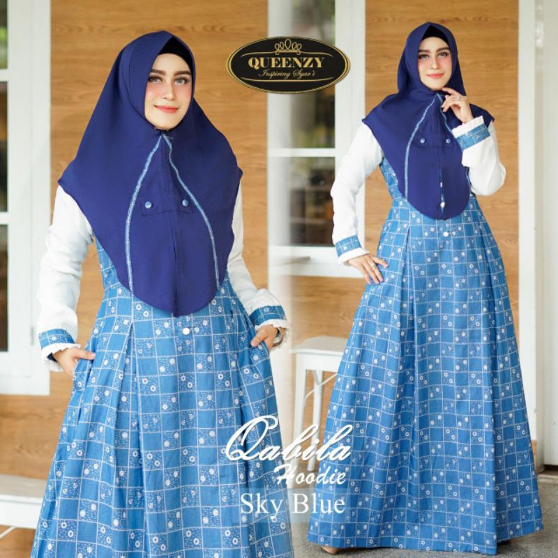 QUEENZY Qabila Syari Gamis Dress Denim Krudung Khimar Hoodie