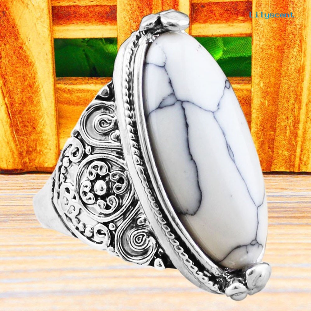 Ls Cincin Lapis Silver Antik Gaya Boho Vintage Dengan Turquoise Oval Untuk Wanita