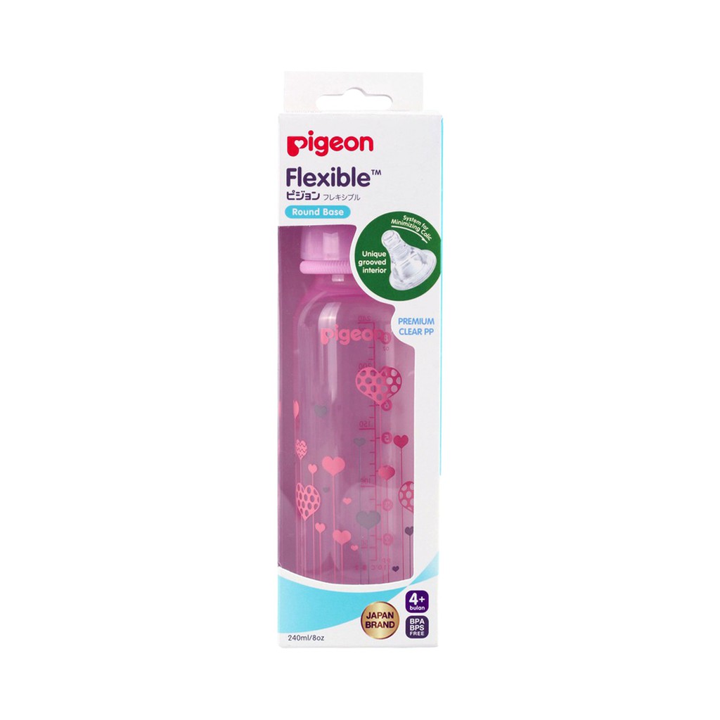 Pigeon Botol Susu Flexible Peristaltic Premium Crystal Clear PP Bottle 4+ Bulan Motif Pink 240ml