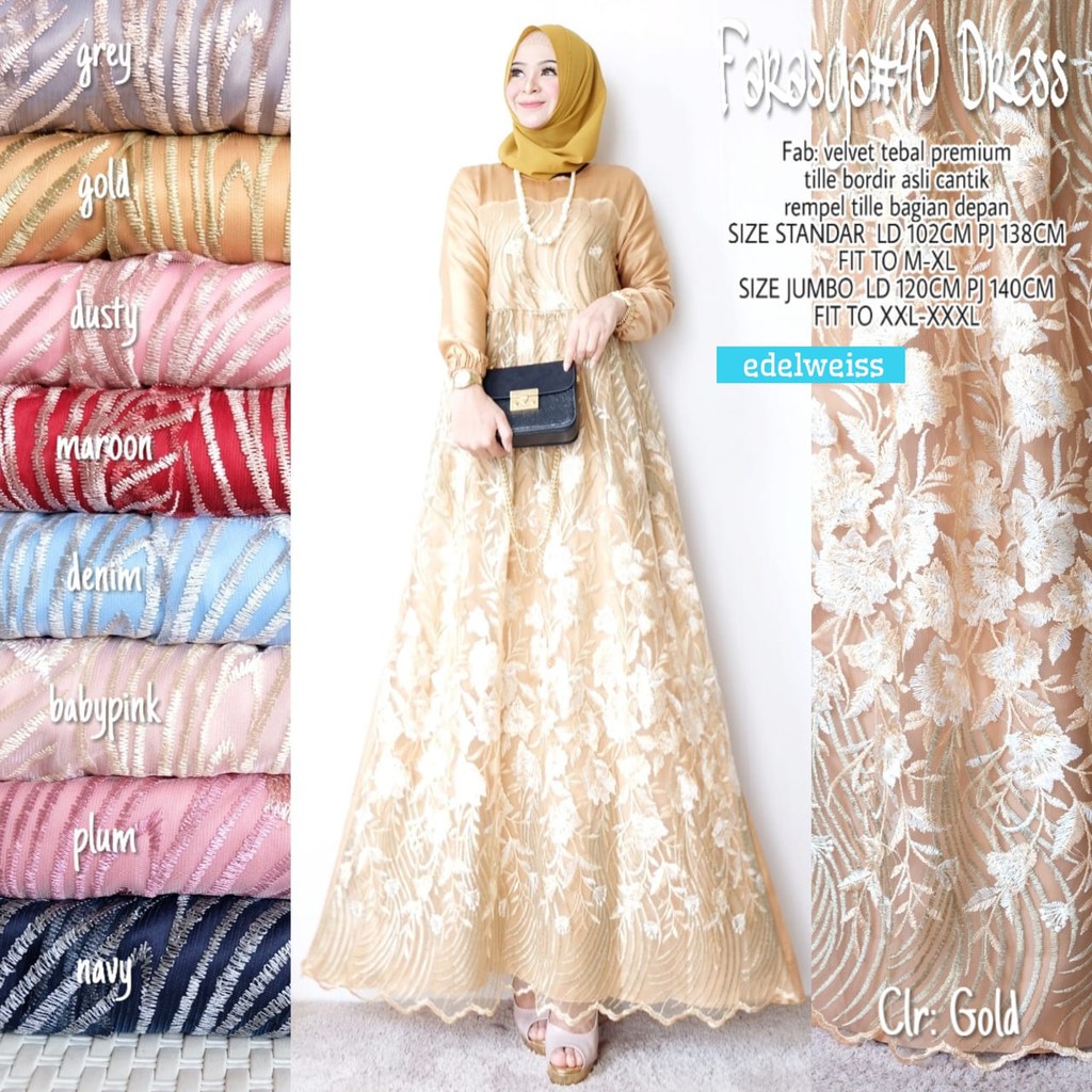 Realpict FARASYA #40 long party dress muslim wanita lengan panjang tile brokat brukat kekinian pesta