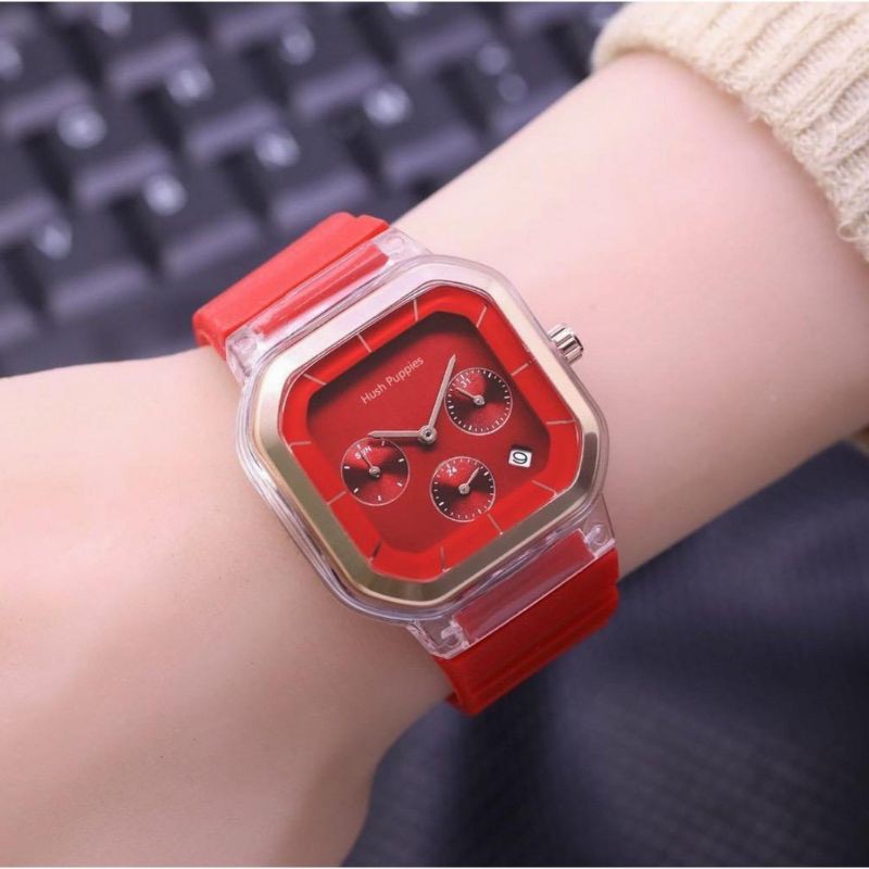 Jam Tangan Wanita Cewek Hush Puppies Segi Strap Rubber Tanggal Aktif