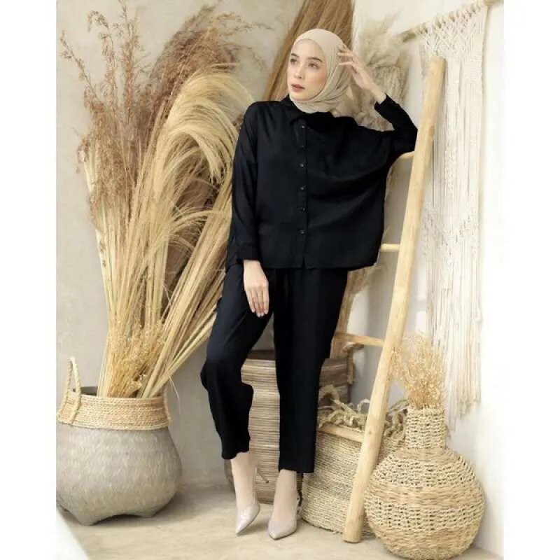 SET RAYON POLOS KEKINIAN/ONE SET WANITA TERBARU LENGAN PANJANG/SETELAN BAJU DAN CELANA DAILY FIA.COLLECTION-HITAM