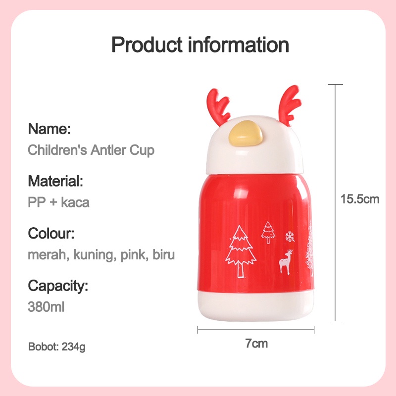 HIPPO LAND Botol Minum Tanduk Rusa Tali Sedotan/ Botol Minum Anak Lucu 380 ML Anti Tumpah Anti Pecah BPA FREE 199