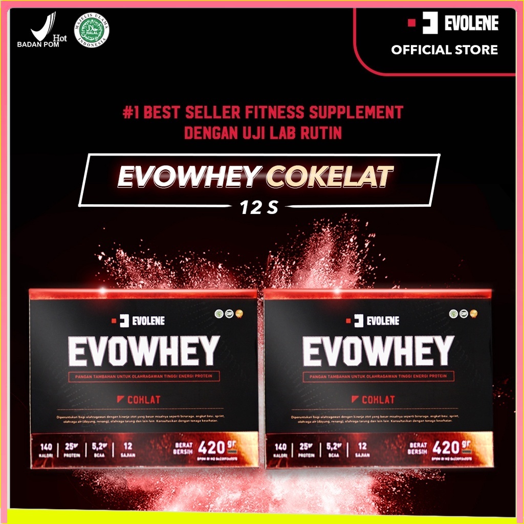 

Evolene Whey Protein Coklat 2x 456gr/12 Sachet Suplemen Workout BPOM HALAL BEST SUPLEMENKU