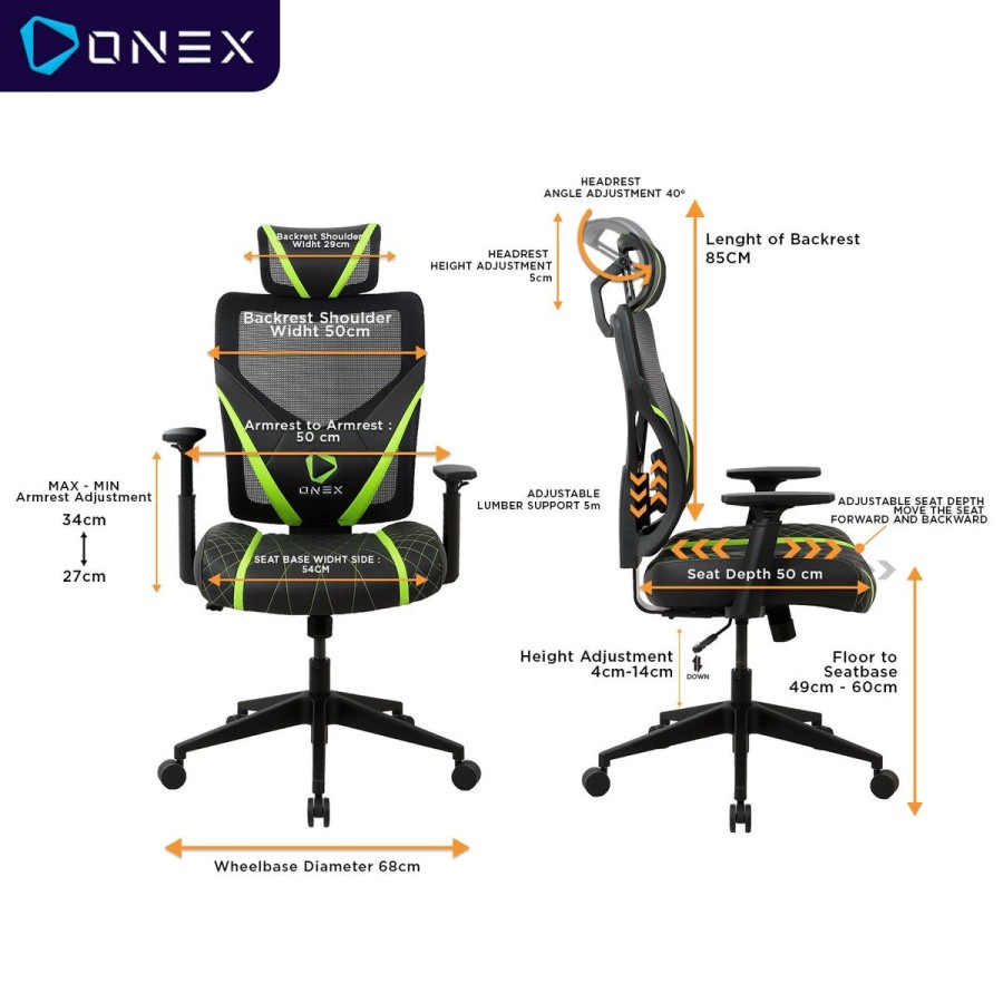 Kursi Gaming ONEX GE300 Premium Quality Mesh Gaming Chair Kursi -Green