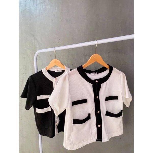 [PREMIUM] JADE top | abbey.id / atasan wanita blouse kerah bulat tweed garis vintage hitam putih kan