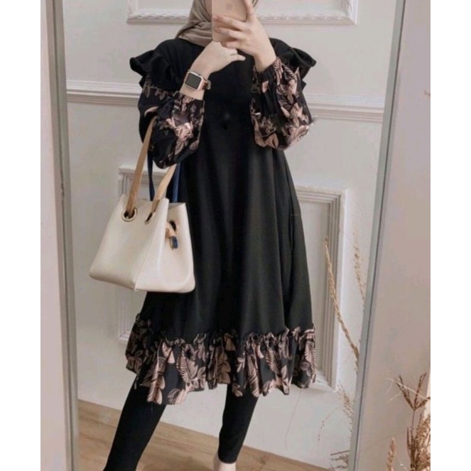 ONE SET JUMBO XXL - STANDART L / XL - ONE SET NIKEN SET / SETELAN WANITA ONE SET DAILY SET TUNIK  FASHION WANITA-SAFIRA HITAM SET XXL