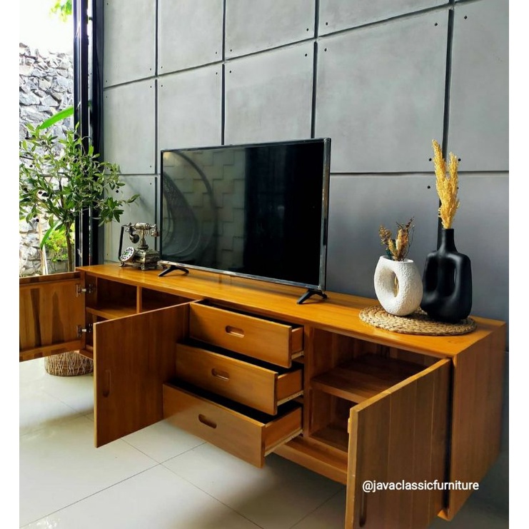 BUFET TV CABINET RETRO MINIMALIS VINTAGE CUSTOM PANJANG 2 METER BUFFET DRAWER PAJANGAN RUANG TAMU NATURAL MURAH BAHAN KAYU JATI GRADE A FURNITURE JEPARA-4