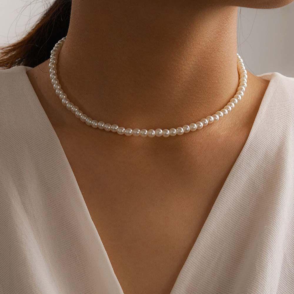 Agustina Mutiara Chokers Gadis Wanita Hadiah Pesta Mutiara Putih Fashion Perhiasan Bulat Choker Klavikula Rantai