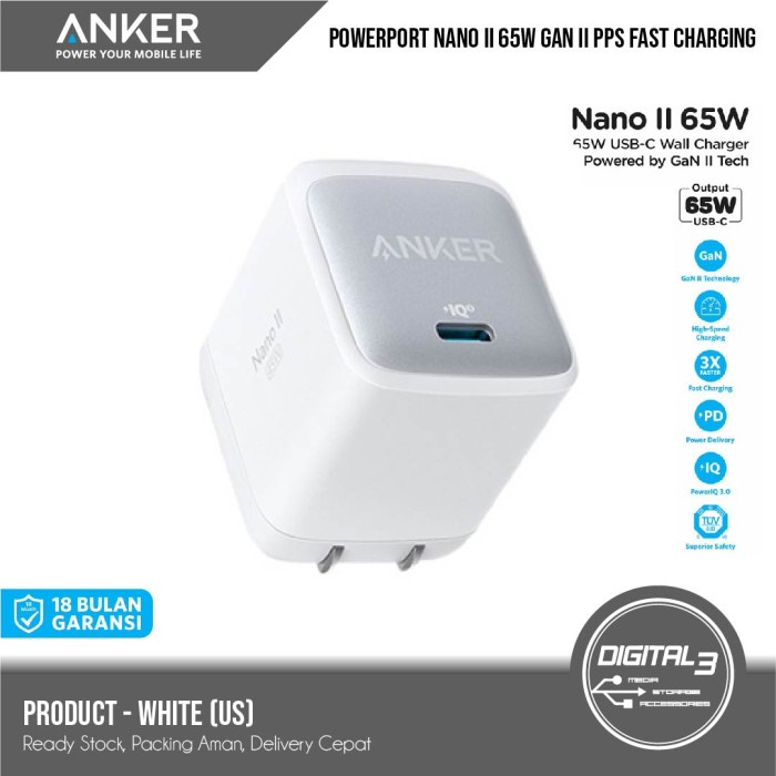 {SuheStore} Anker Powerport Nano II 65W USB-C Charger GaN 2 Adapter Mini A2663 - Putih US Limited