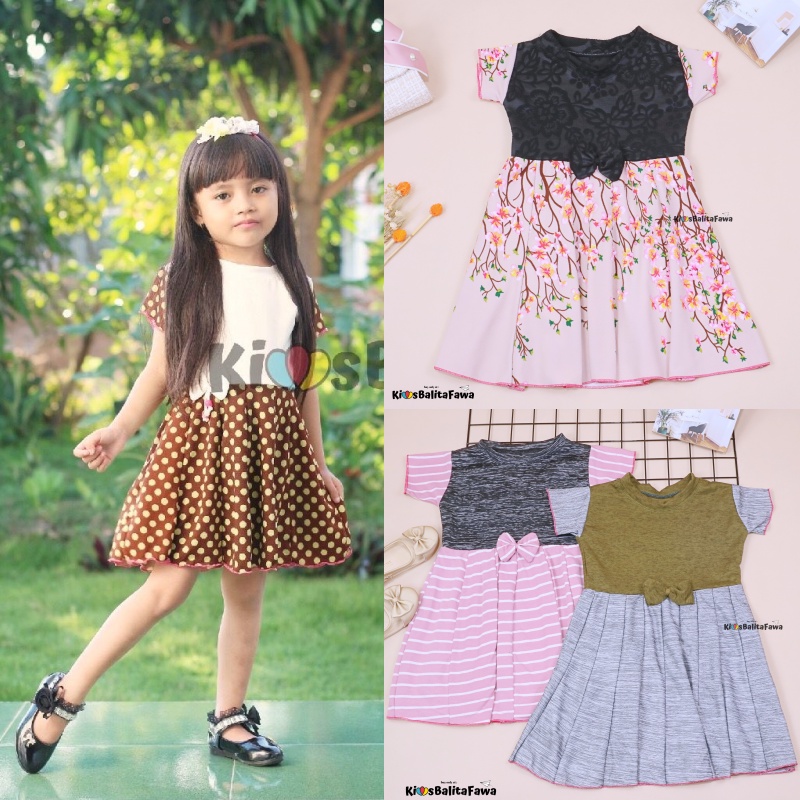 Dress Lunna uk 5 Tahun / Bahan Kaos Kombi Dres Lucu Baju Lengan Anak Perempuan Murah Motif