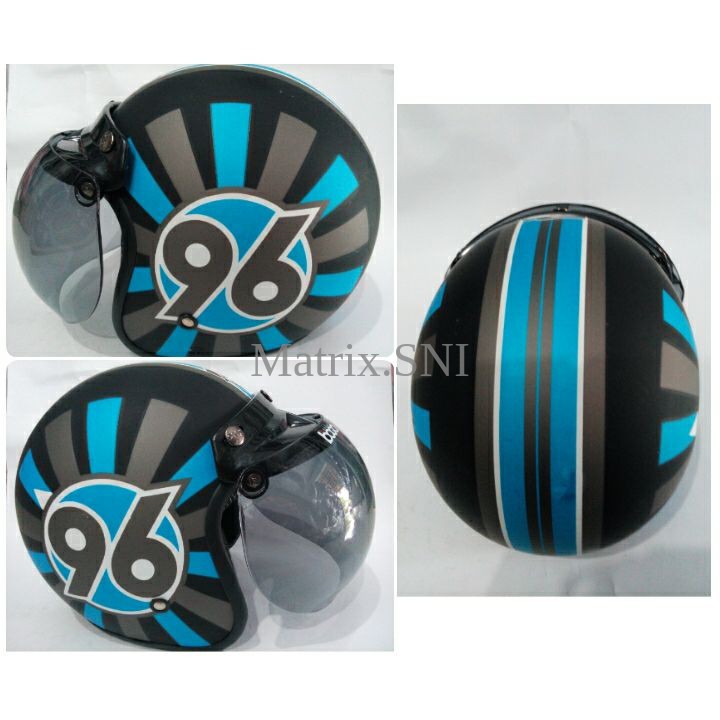 HM-2337 Helm Retro Sni Jpn Bogo Asli Motif Angka 96 Hitam Garis Biru Evsx Murah