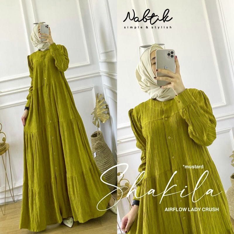 Shakila Maxy Dress Gamis Crinkle Airflow Lady Crush Premium Full Kancing-Shakila lemon