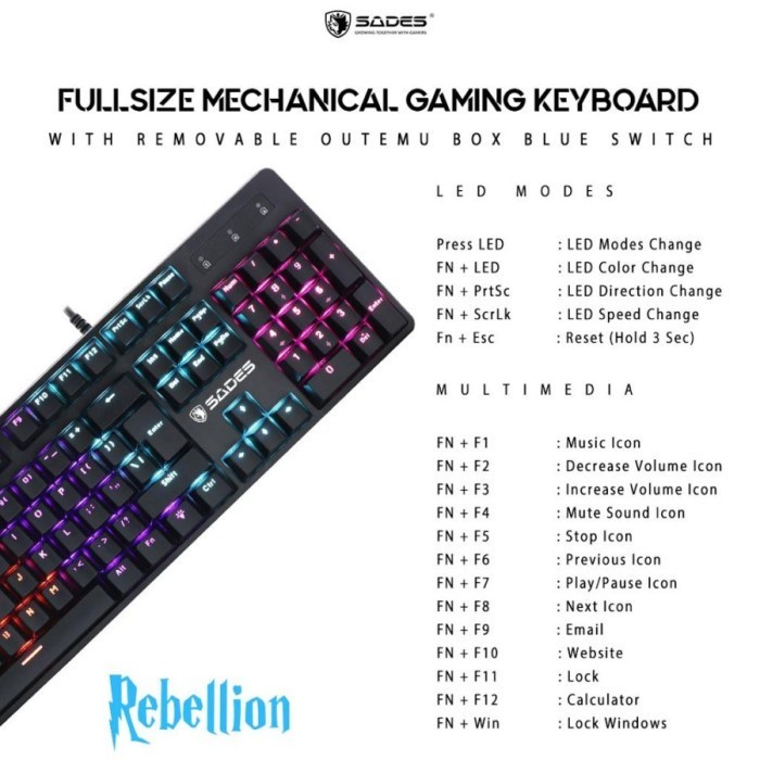 Keyboard Gaming Mechanical Sades Rebellion / Outemu Removable Switch