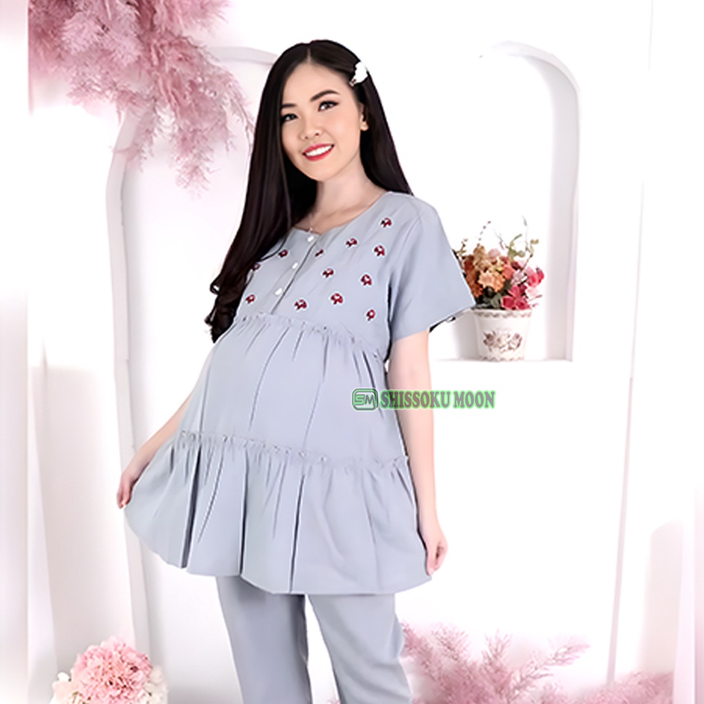 Baju Setelan Hamil &amp; Menyusui Kekinian / Baju Lengan Pendek &amp; Celana Panjang Untuk Ibu Hamil - Mushroom