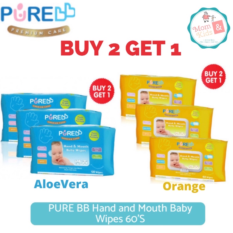 Pure Baby Purebaby Hand &amp; Mouth Baby Wipes 60s Tissue Basah (BUY 2 GET 1)