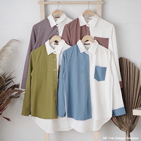 Kemeja Wanita Atasan Blouse Casual Polos Kombinasi Warna Lengan Panjang Model Pinguin Bahan Moscrepe-1