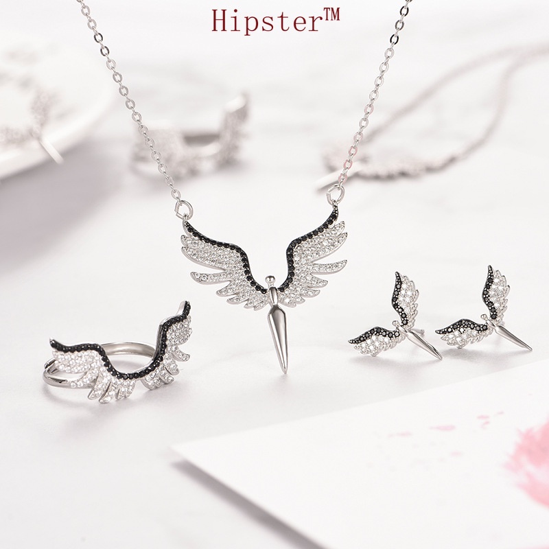New Fashion Luxury Guardian Angel Diamond Ring Necklace Ear Stud Three-Piece Set