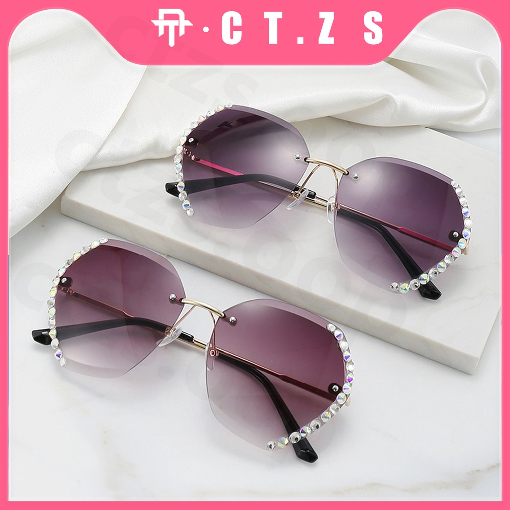 【CT】Baru Net Red Sunglasses Korea Frameless Cut Edge Diamond Ocean Film Sunglasses Kacamata Wanita