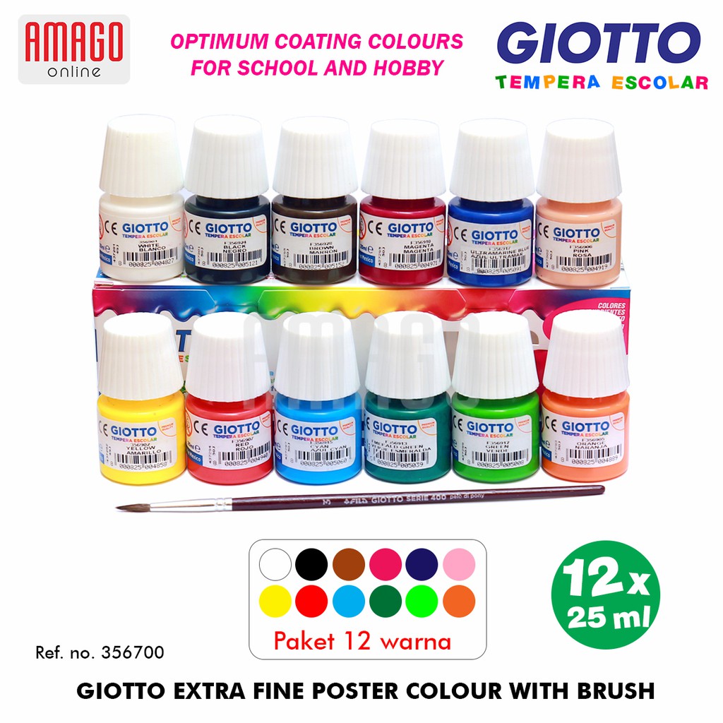 GIOTTO Extra Fine Tempera Escolar Cat Lukis cepat kering Ekstra halus - 12 Warna x 25 ml + Bonus Kuas - 356700