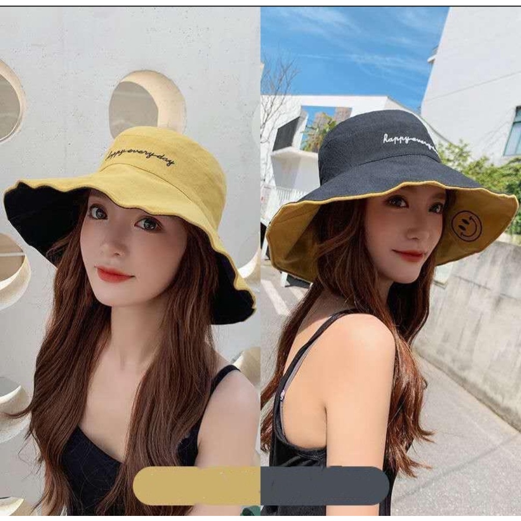 Topi Bucket korea / Bucket pantai Wanita Motif Bordir Smile Face untuk Outdoor bolak balik