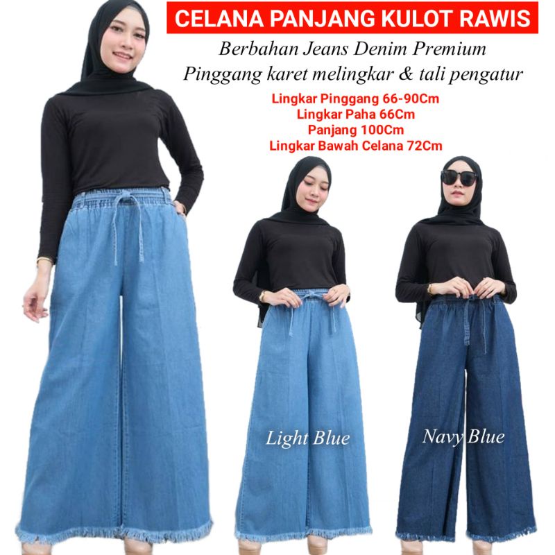 Celana Kulot Jeans Wanita Boyfriend Panjang Rawis Bawah Pinggang Karet Elastis Ootd Hijab Cewek Rema