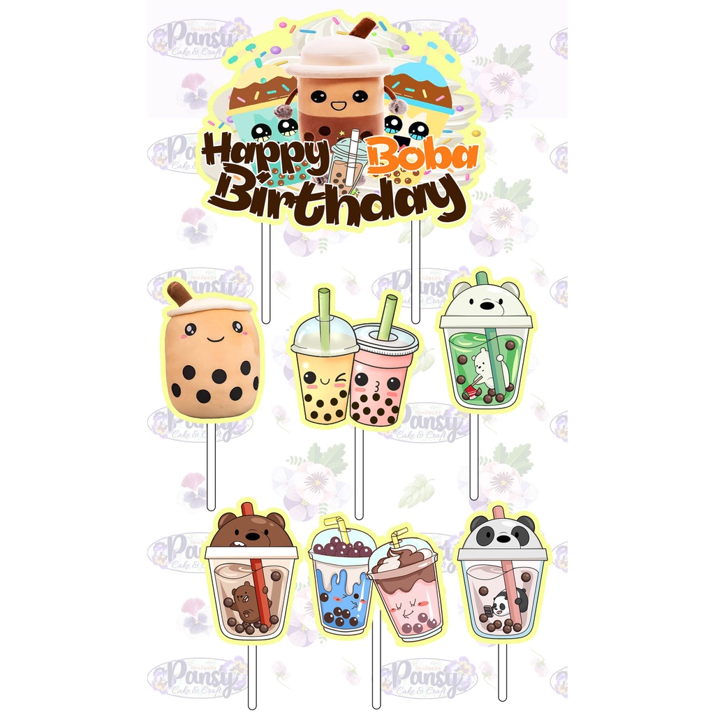Cake topper / Cupcake topper Bubble Tea / Boba Tea / Milk Tea + banner Birthday EKONOMIS