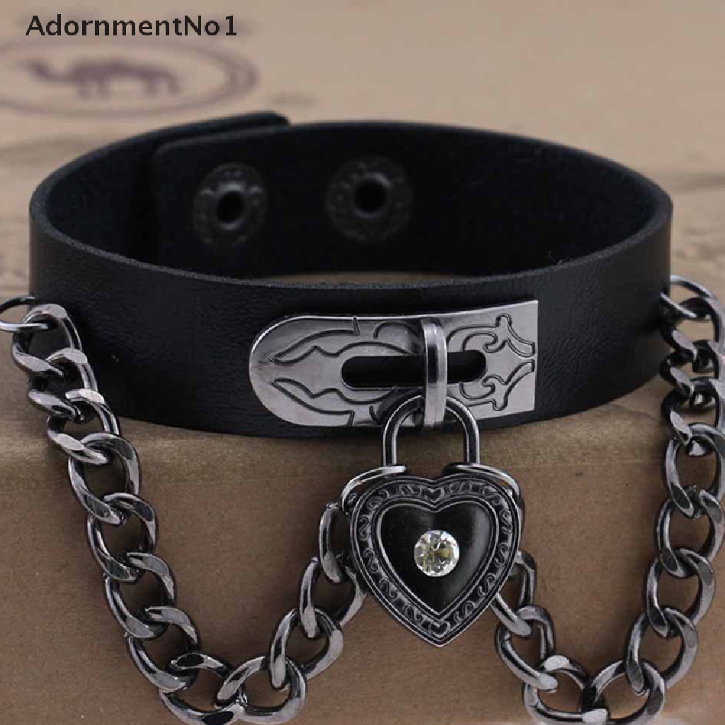 (AdornmentNo1) Gelang Tangan Kulit Aksen Hati + Berlian Imitasi Gaya Punk / Gothic Untuk Wanita