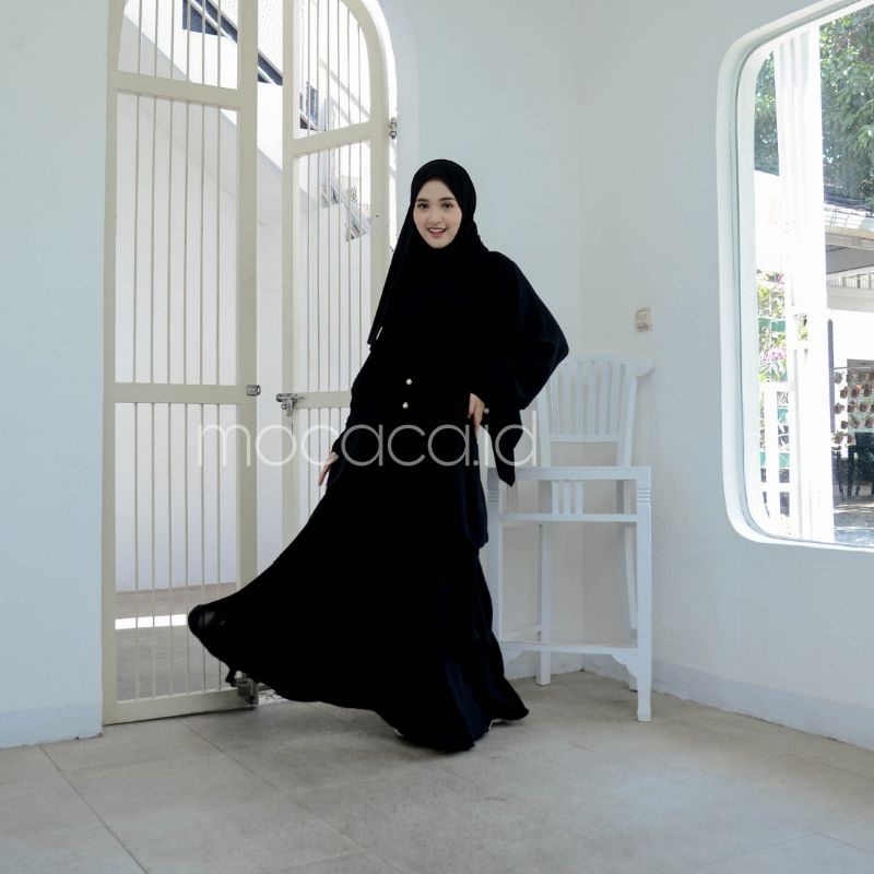 gamis susun hitam jetblack jet black pekat premium tidak nerawang bisa syari  sudah 1 set dengan pashmina jumbo busui friendly kancing lengan lebar limited edition