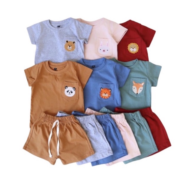 Set Setelan Anak Laki Laki Cowok Perempuan Cewek 1-5 Tahun Baju Setelan Atasan Kaos Anak dan Celana Pendek Anak 1-5 Th Jungle Set