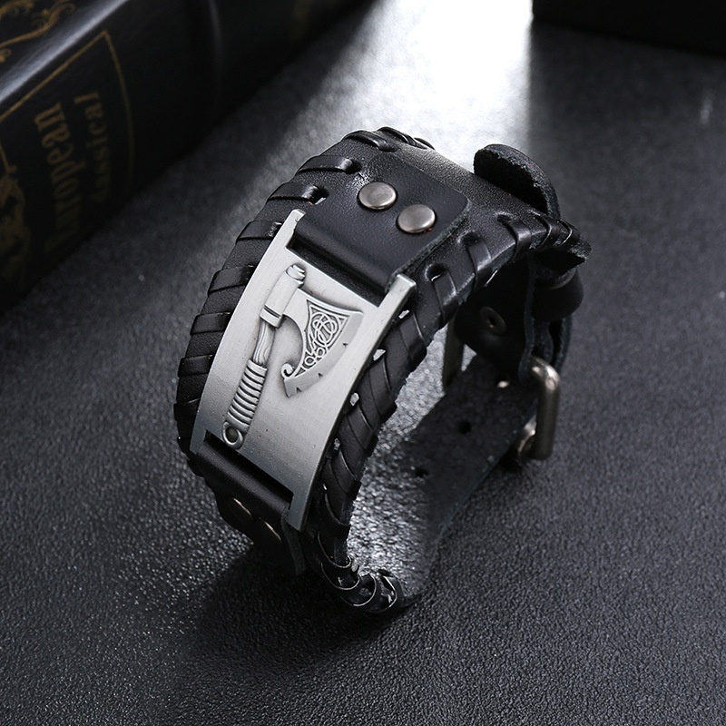 [Z H Perhiasan] Hip Hop Rock Retro Pria Fashion Stainless Steel Viking Rune Gelang Kulit Pesta Perhiasan Aksesoris
