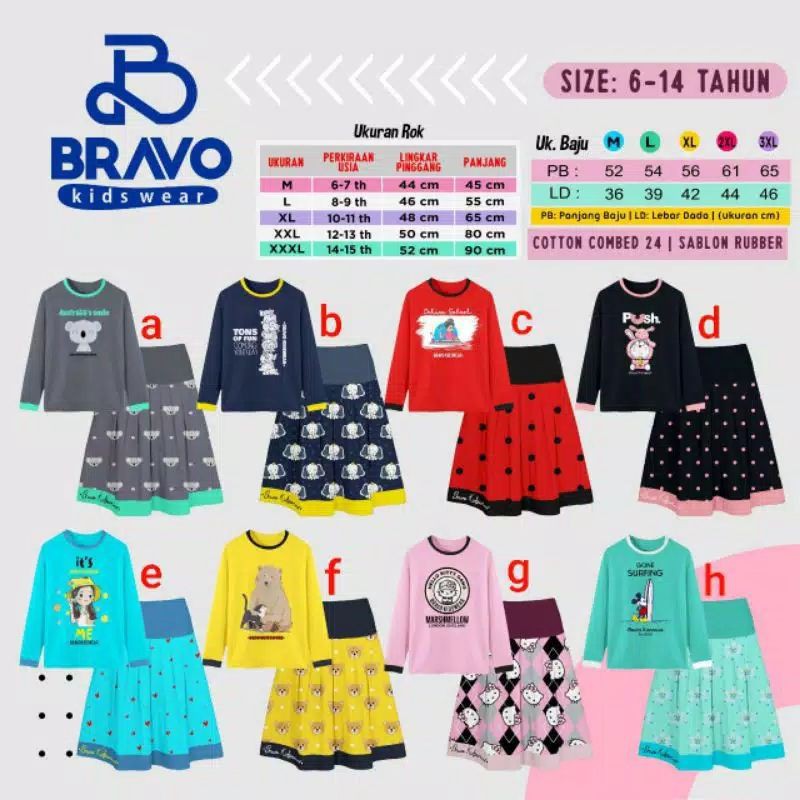 Setelan Rok bravo kids wear 6 8 10 12 14T setelan anak rok