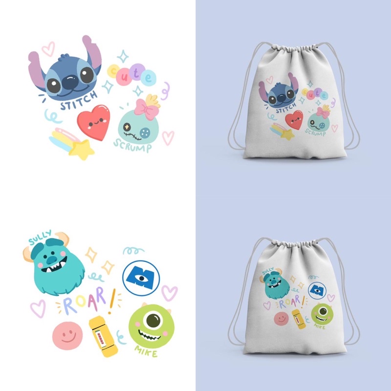 Tas Serut atau String Bag Bergambar Cute Doodle Disneyy/Toy Story/ Winnie the Pooh/ Stitch/ Monster inc/ Chipmunk/ Micky Mouse