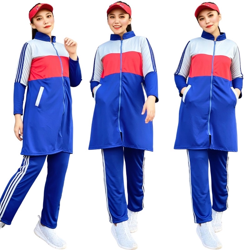 Setelan Baju Olahraga Tunik Colorblock Biru Panjang Hijab Muslim Set Senam  Gym Fitness Yoga Cycling