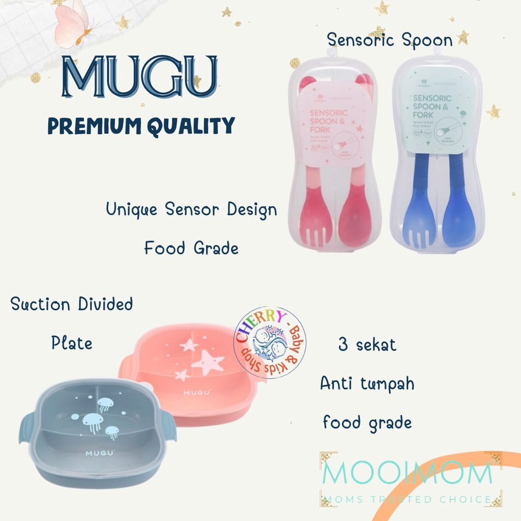 MUGU Sendok Makan Bayi &amp; Tempat Makan Bayi MUGU Sensoric Spoon &amp; Fork / Baby Feeding Suction Divided Plate - Mpasi Peralatan Makan Bayi Sendok dan Garpu CBKS