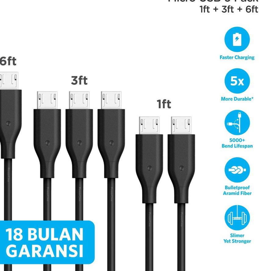 ➭ Kabel Charger Anker PowerLine 6 Pack (1ft+ 3ft + 6ft) Micro USB B8133 Hitam ♪