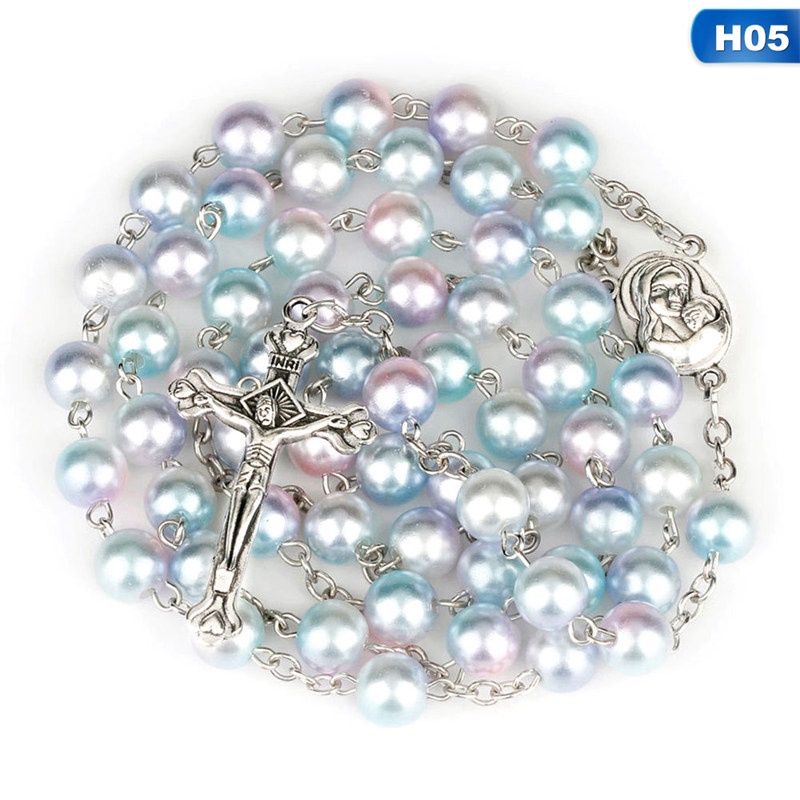 Fashion Bead Glass Pearl Catholic Christian Cross Catholic Rosary Necklace Gifts