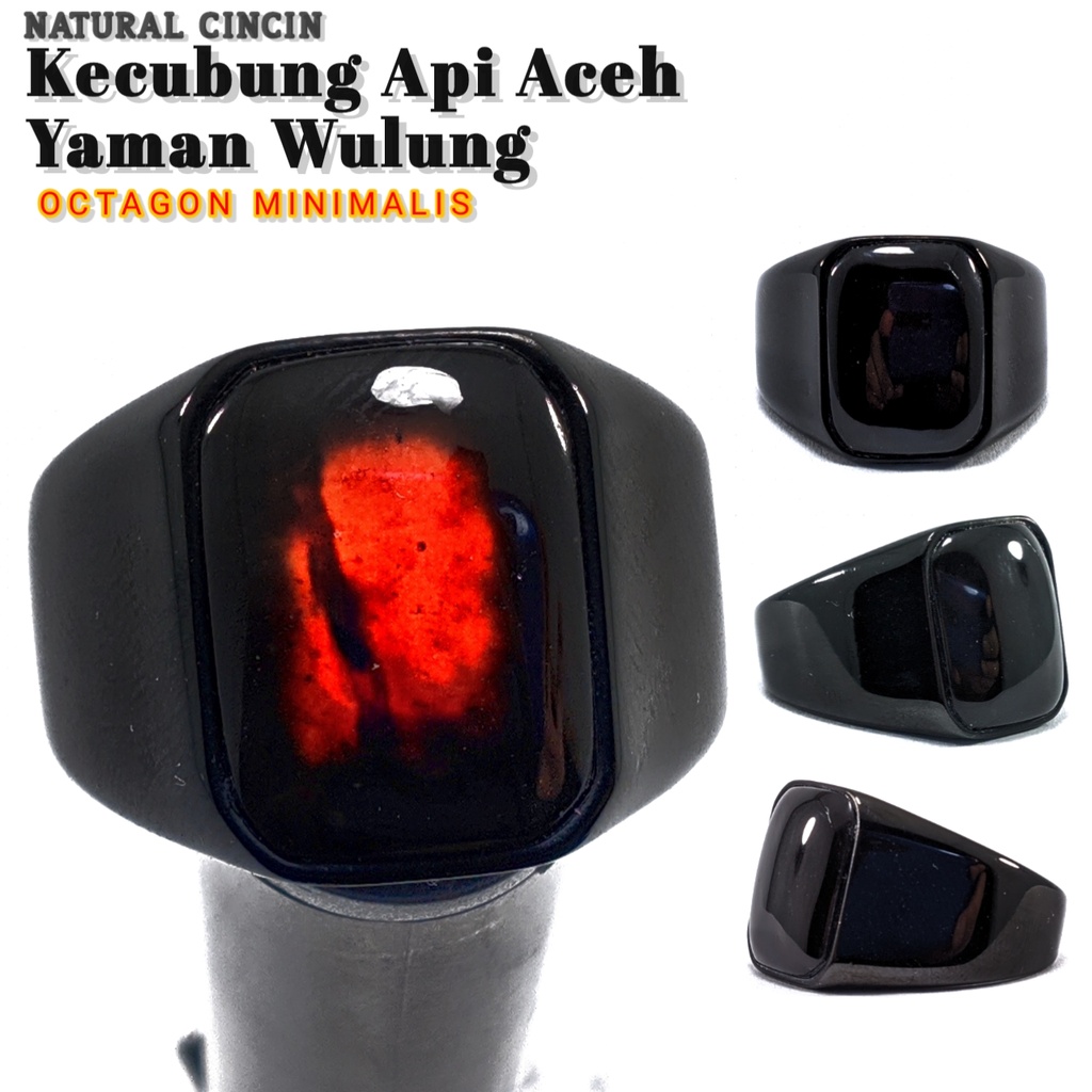 CINCIN BATU AKIK NATURAL YAMAN WULUNG HITAM KECUBUNG API MINIMALIS OCTAGON TITANIUM HITAM