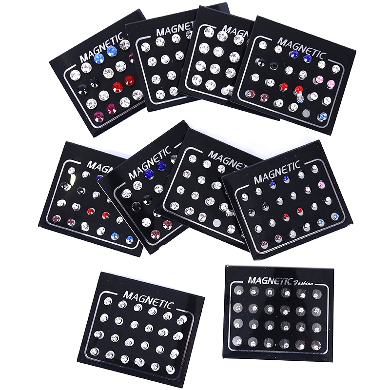24pcs / set Anting Tusuk Magnetik Tanpa Tindik Bentuk Bulat Hias Berlian Imitasi Untuk Wanita