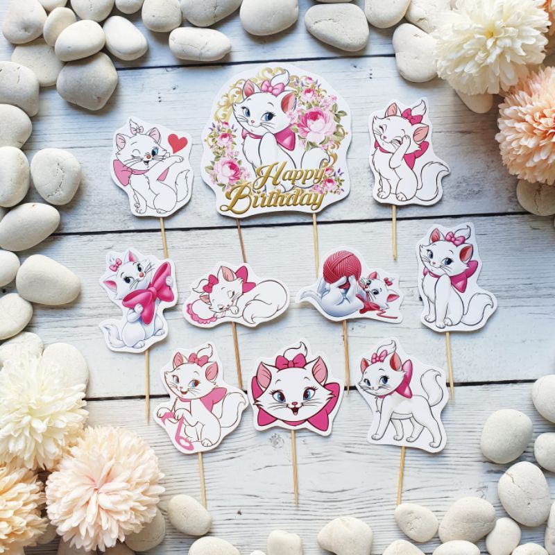 topper toper hiasan tusukan kue cake nasi tumpeng ulang tahun happy birthday karakter marie cat disn