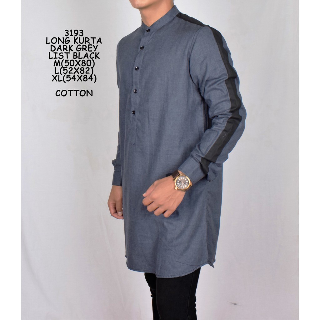 Nafazol 3193 Atasan Pria Kurta Lengan Panjang Long Kurta Kombinasi Dark Grey List Hitam Slimfit Shopee Indonesia